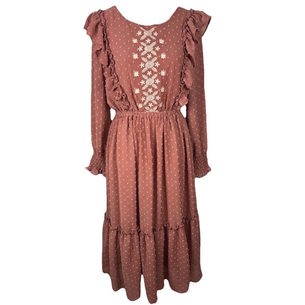 In‎ Loom Large Mauve Dusty Rose Embroidered Floral Ruffled Boho Festival Cottage